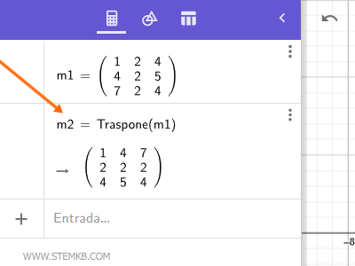 c&oacute;mo hacer una matriz transpuesta en Geogebra