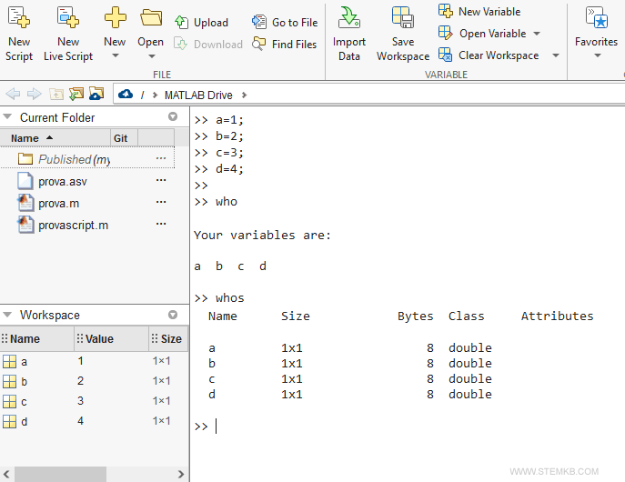 List of variables in the workspace.