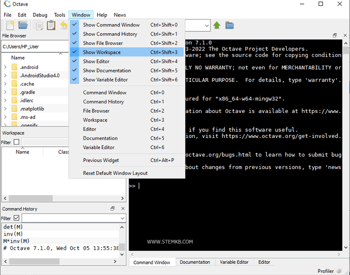 how to show workspace windows in Octave