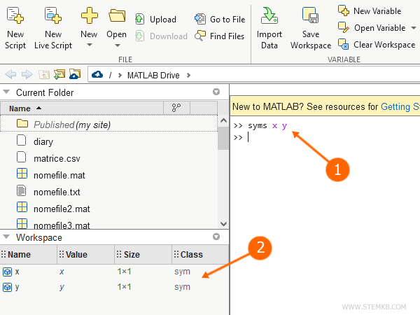 Symbolic variables in the workspace